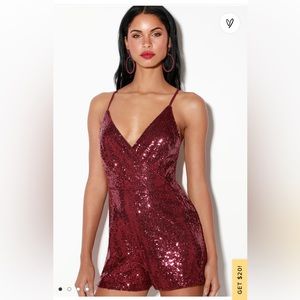Lulu’s Sparks will fly Wine Red Sequin Surplice Romper